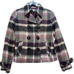 CAbi Womens Plaid Peacoat Jacket Size O Double Breasted Wool Blend Pink/Gray